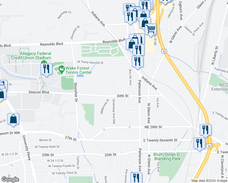 map of restaurants, bars, coffee shops, grocery stores, and more near 3014 Greenway Avenue Northwest in Winston-Salem
