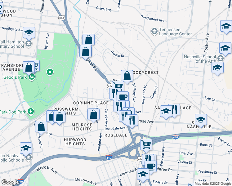 map of restaurants, bars, coffee shops, grocery stores, and more near 2171 Carson Street in Nashville