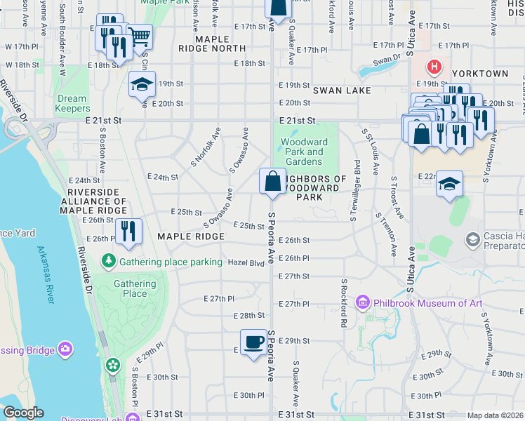 map of restaurants, bars, coffee shops, grocery stores, and more near 2452 South Peoria Avenue in Tulsa