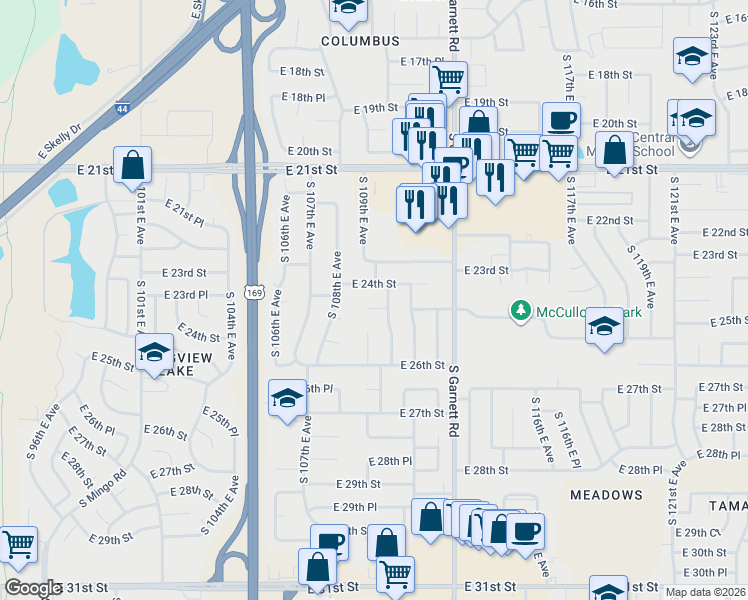 map of restaurants, bars, coffee shops, grocery stores, and more near 10911 East 25th Street in Tulsa