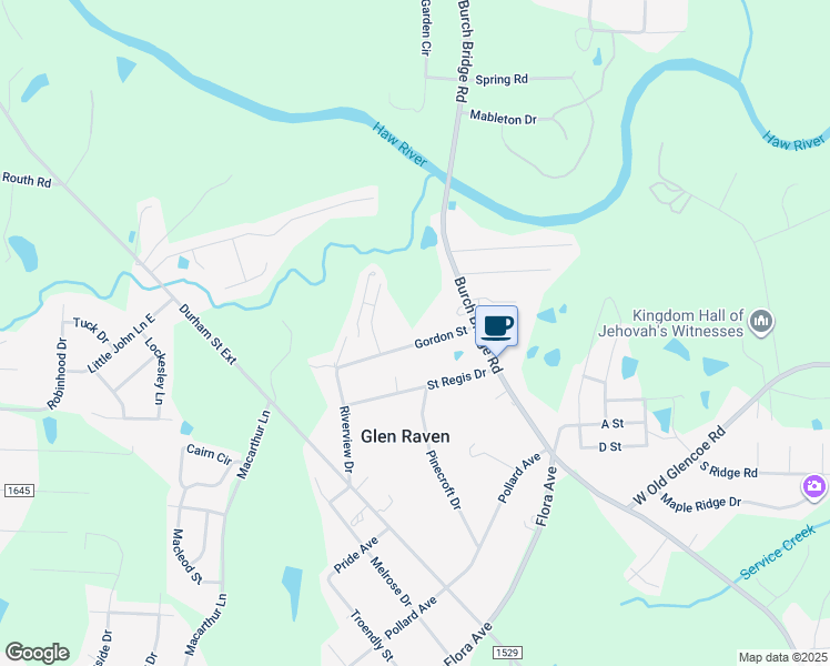 map of restaurants, bars, coffee shops, grocery stores, and more near 1247 Gordon Street in Burlington