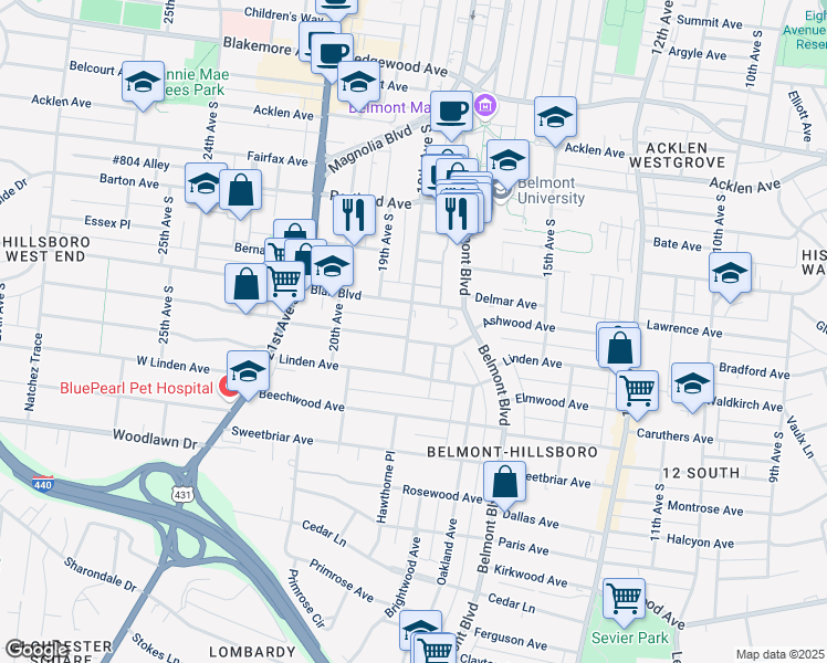 map of restaurants, bars, coffee shops, grocery stores, and more near 1716 Ashwood Ave in Nashville