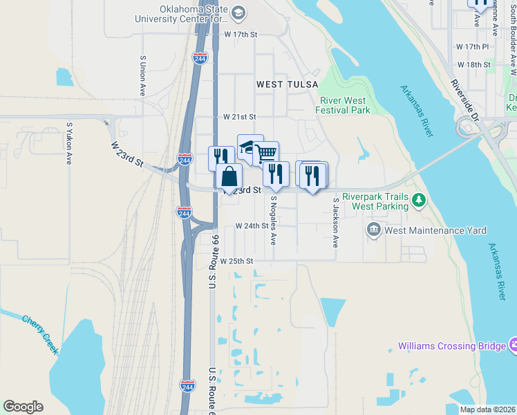 map of restaurants, bars, coffee shops, grocery stores, and more near 2319 South Olympia Avenue in Tulsa