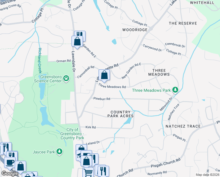 map of restaurants, bars, coffee shops, grocery stores, and more near 2123 Three Meadows Road in Greensboro