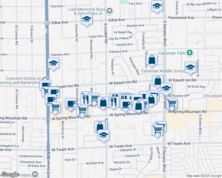 map of restaurants, bars, coffee shops, grocery stores, and more near 5353 West Desert Inn Road in Las Vegas