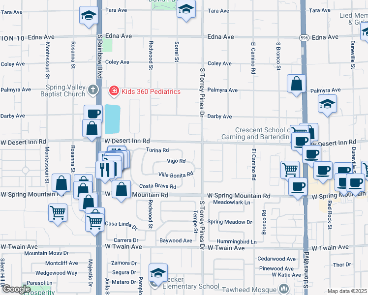 map of restaurants, bars, coffee shops, grocery stores, and more near 6576 Turina Road in Las Vegas