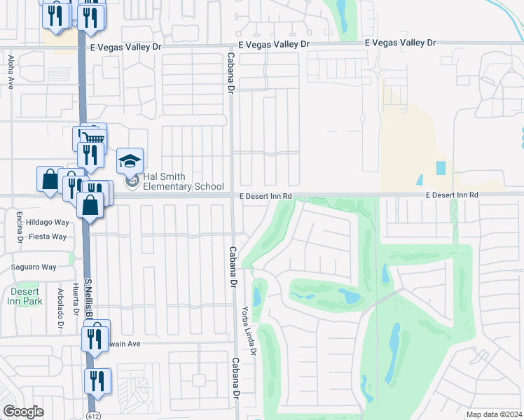 map of restaurants, bars, coffee shops, grocery stores, and more near 3400 Cabana Drive in Las Vegas