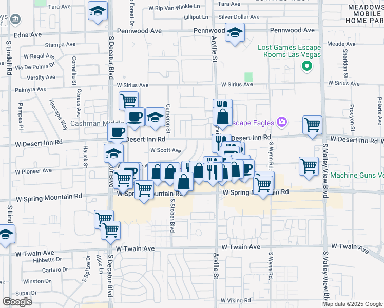 map of restaurants, bars, coffee shops, grocery stores, and more near 3357 South Myrtle Avenue in Las Vegas