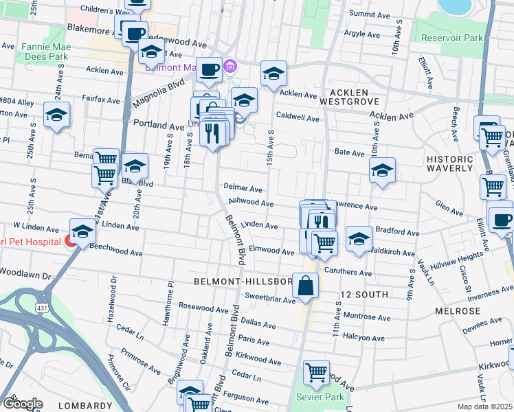 map of restaurants, bars, coffee shops, grocery stores, and more near 1507 Ashwood Avenue in Nashville