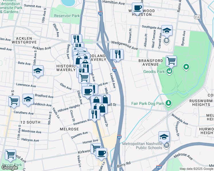 map of restaurants, bars, coffee shops, grocery stores, and more near 2304 White Avenue in Nashville