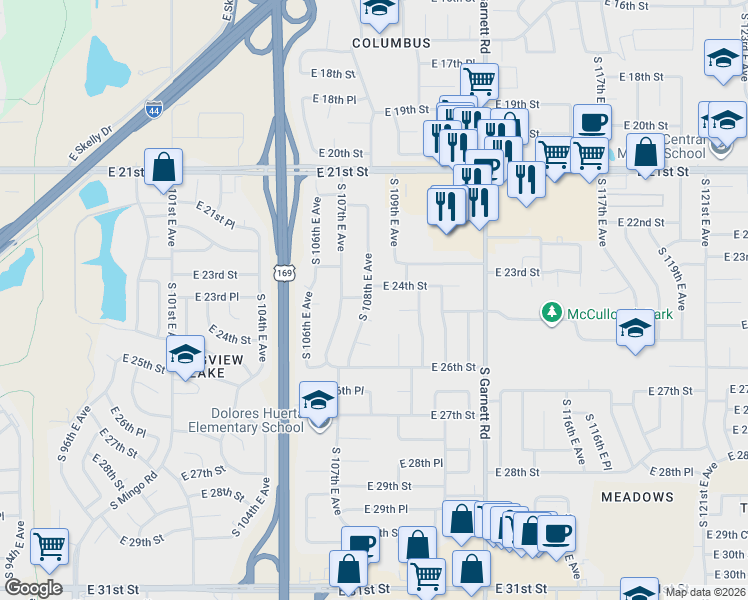 map of restaurants, bars, coffee shops, grocery stores, and more near 2413 South 108th East Avenue in Tulsa