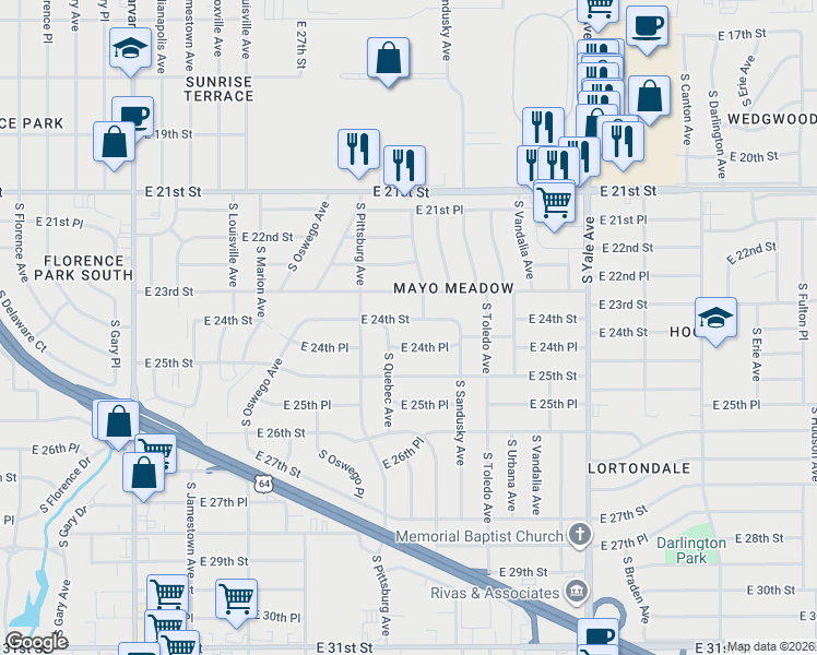 map of restaurants, bars, coffee shops, grocery stores, and more near 4218 E 24th St in Tulsa