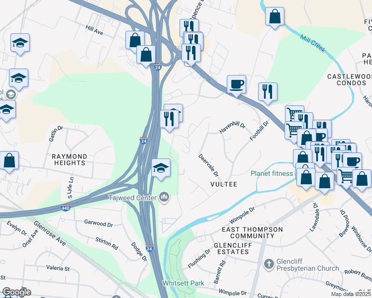 map of restaurants, bars, coffee shops, grocery stores, and more near 308 Plus Park Boulevard in Nashville