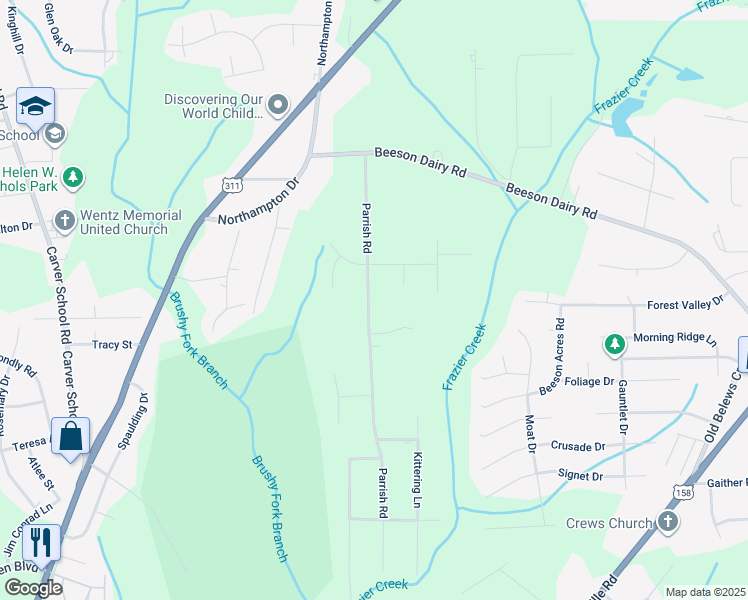 map of restaurants, bars, coffee shops, grocery stores, and more near 3473 Parrish Road in Winston-Salem