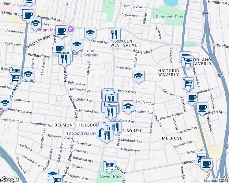 map of restaurants, bars, coffee shops, grocery stores, and more near 2202 12th Ave S in Nashville