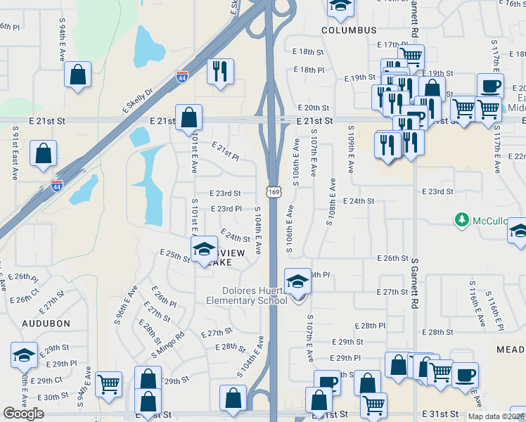 map of restaurants, bars, coffee shops, grocery stores, and more near 2327 S 104th E Ave in Tulsa