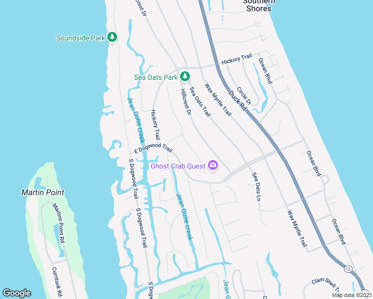 map of restaurants, bars, coffee shops, grocery stores, and more near 227 Woodland Drive in Kitty Hawk