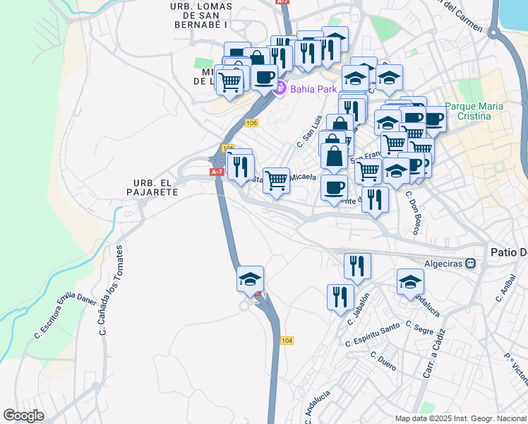 map of restaurants, bars, coffee shops, grocery stores, and more near 6 Calle Rubí in Algeciras