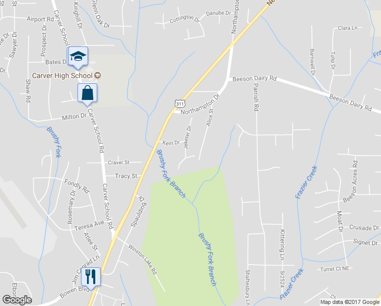 map of restaurants, bars, coffee shops, grocery stores, and more near 3385 Jeketer Drive in Winston-Salem