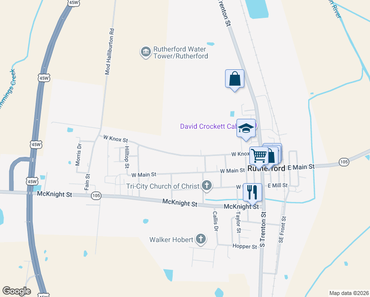 map of restaurants, bars, coffee shops, grocery stores, and more near 518 W Knox St in Rutherford