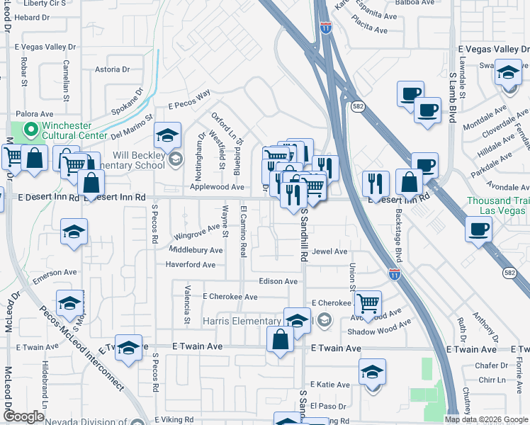 map of restaurants, bars, coffee shops, grocery stores, and more near 3336 Sylvia Street in Las Vegas