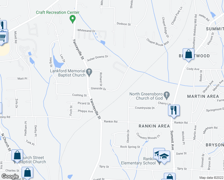 map of restaurants, bars, coffee shops, grocery stores, and more near 1511 Glenside Drive in Greensboro