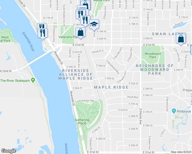 map of restaurants, bars, coffee shops, grocery stores, and more near 2446 South Cincinnati Avenue in Tulsa