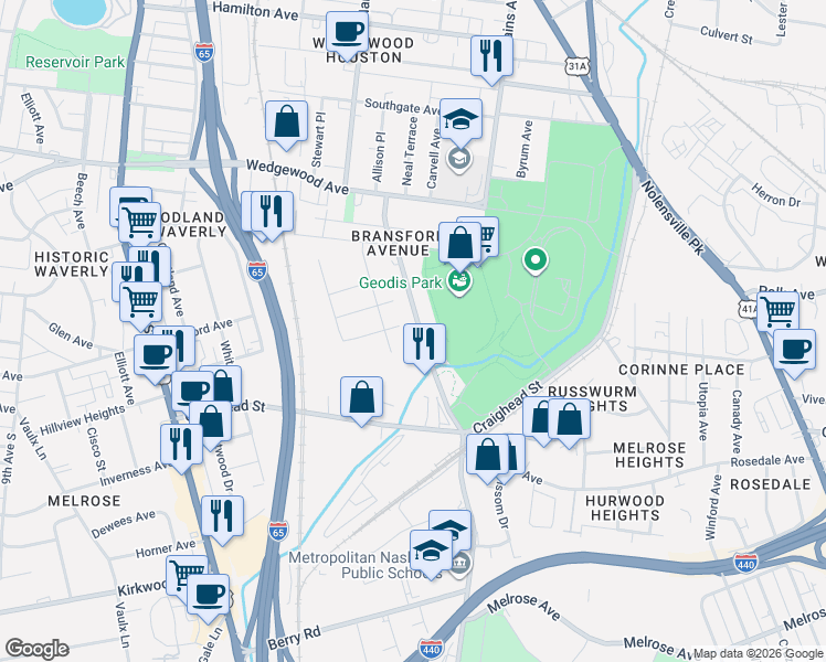 map of restaurants, bars, coffee shops, grocery stores, and more near 2208 Bransford Avenue in Nashville