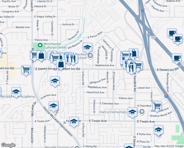 map of restaurants, bars, coffee shops, grocery stores, and more near 3339 Bancroft Cir in Las Vegas