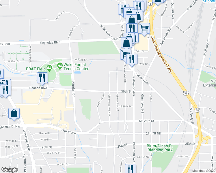 map of restaurants, bars, coffee shops, grocery stores, and more near 3014 Greenway Avenue Northwest in Winston-Salem