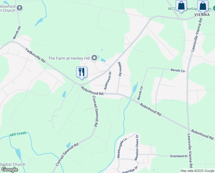 map of restaurants, bars, coffee shops, grocery stores, and more near 3521 Robinwest Drive in Pfafftown