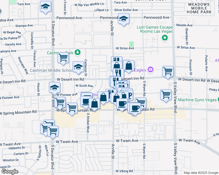 map of restaurants, bars, coffee shops, grocery stores, and more near 3344 South Myrtle Avenue in Las Vegas