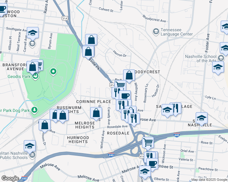 map of restaurants, bars, coffee shops, grocery stores, and more near 2171 Carson Street in Nashville