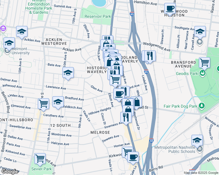 map of restaurants, bars, coffee shops, grocery stores, and more near 2208B Elliott Avenue in Nashville