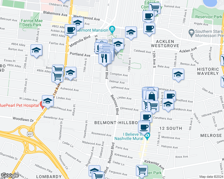 map of restaurants, bars, coffee shops, grocery stores, and more near 1523 Ashwood Avenue in Nashville