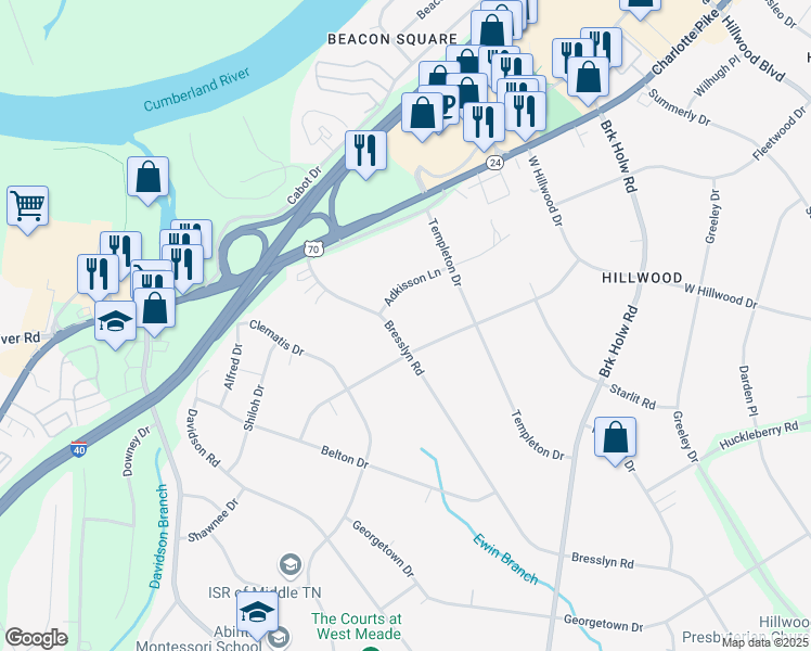 map of restaurants, bars, coffee shops, grocery stores, and more near 904A Bresslyn Road in Nashville
