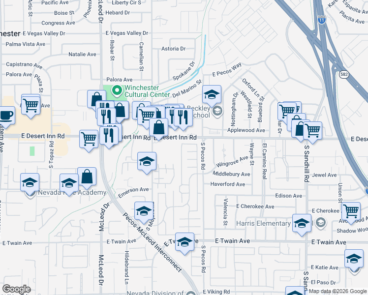 map of restaurants, bars, coffee shops, grocery stores, and more near 3344 Clandara Avenue in Las Vegas
