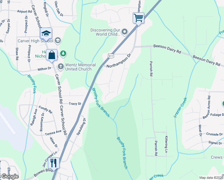 map of restaurants, bars, coffee shops, grocery stores, and more near 3385 Jeketer Drive in Winston-Salem