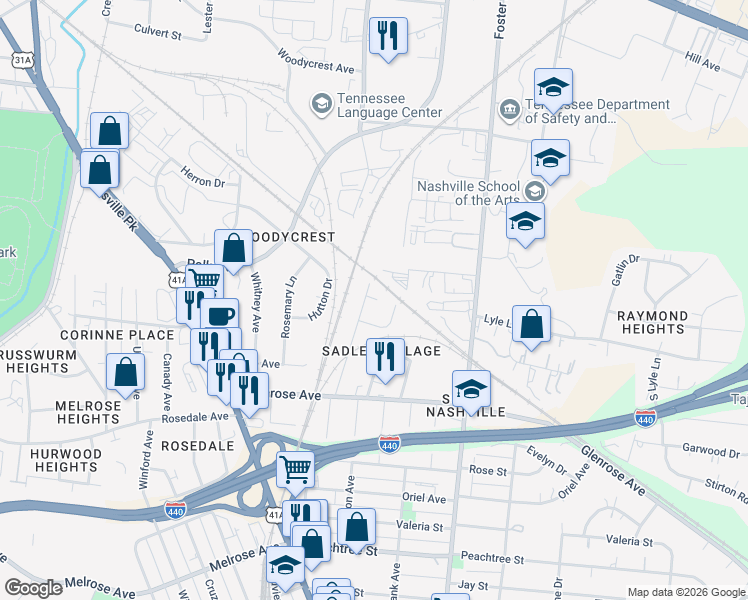 map of restaurants, bars, coffee shops, grocery stores, and more near 2110 Sadler Avenue in Nashville