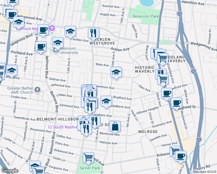 map of restaurants, bars, coffee shops, grocery stores, and more near 1015 Lawrence Avenue in Nashville