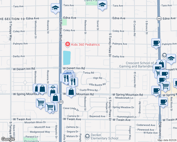 map of restaurants, bars, coffee shops, grocery stores, and more near 6658 Turina Road in Las Vegas