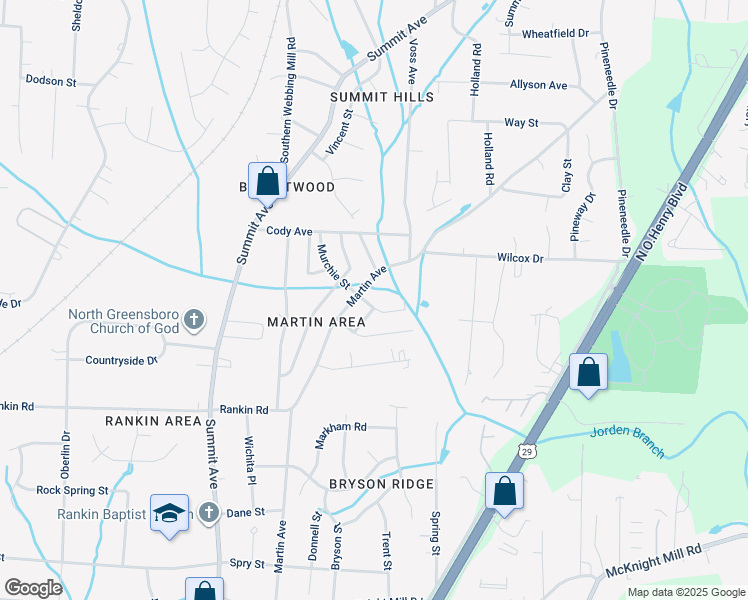 map of restaurants, bars, coffee shops, grocery stores, and more near 3516 Murchie Street in Greensboro