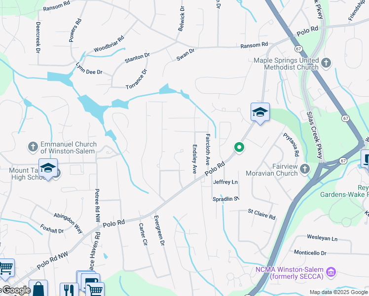 map of restaurants, bars, coffee shops, grocery stores, and more near 227 Tabor View Lane in Winston-Salem