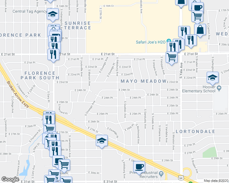 map of restaurants, bars, coffee shops, grocery stores, and more near 4046 East 24th Street in Tulsa