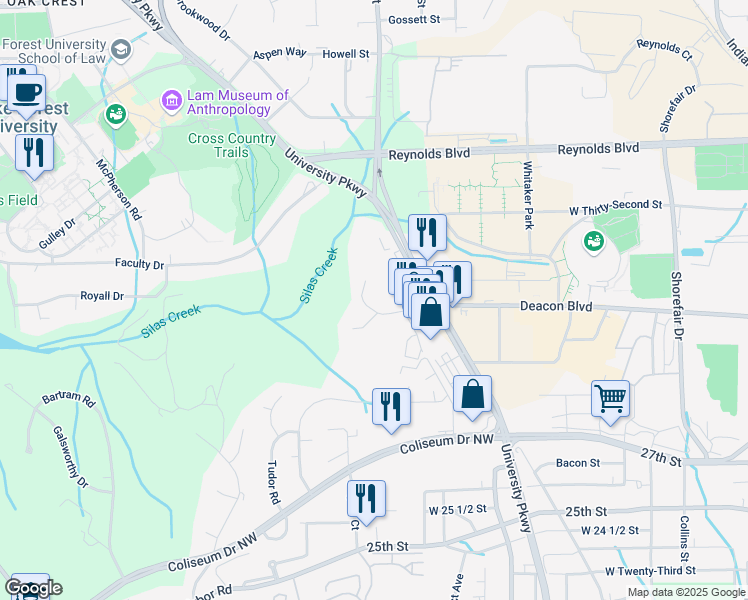 map of restaurants, bars, coffee shops, grocery stores, and more near 3119 Bonhurst Drive in Winston-Salem