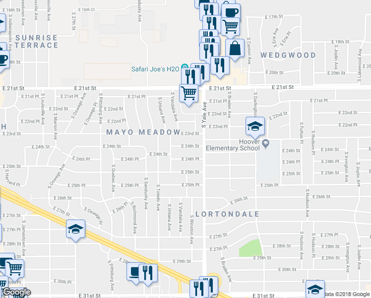 map of restaurants, bars, coffee shops, grocery stores, and more near 4630 East 24th Street in Tulsa