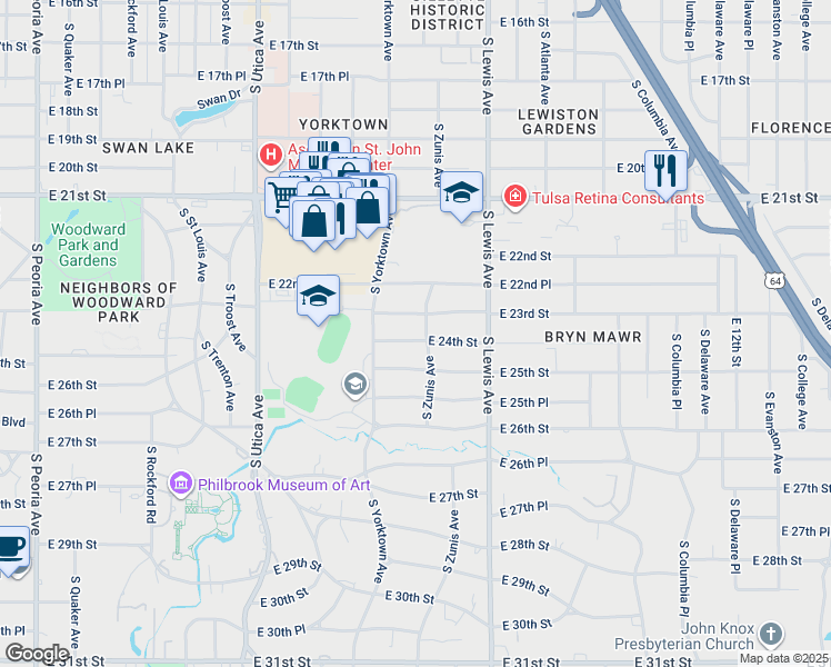 map of restaurants, bars, coffee shops, grocery stores, and more near 2137 East 24th Street in Tulsa
