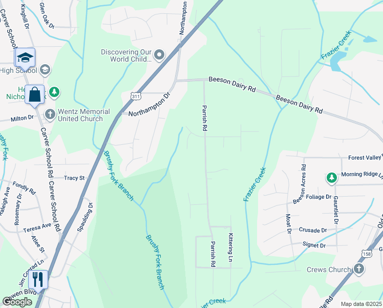 map of restaurants, bars, coffee shops, grocery stores, and more near 3401 Laree Drive in Winston-Salem