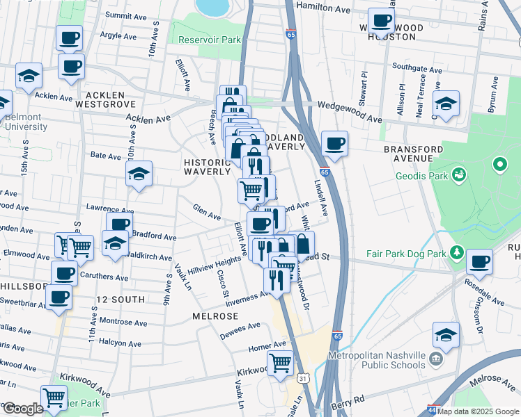 map of restaurants, bars, coffee shops, grocery stores, and more near 2220 U.S. 31 in Nashville