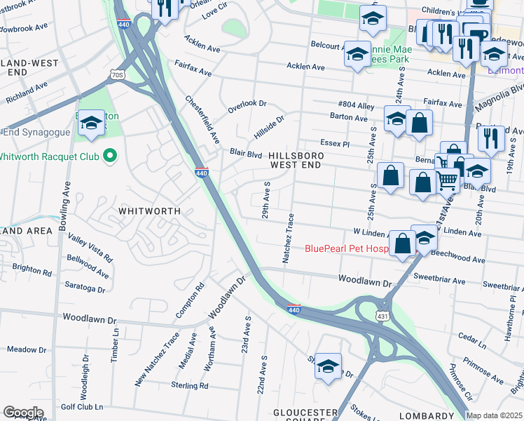 map of restaurants, bars, coffee shops, grocery stores, and more near 2219 29th Avenue South in Nashville